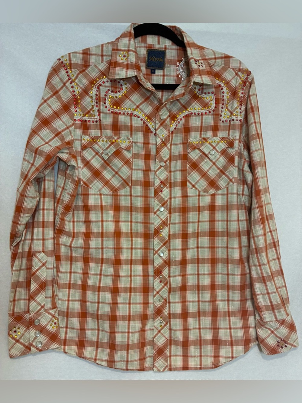 Hippie Long Sleeve Plaid Western Rhinestones Cowboy Shirt Women’s Size M Cotton